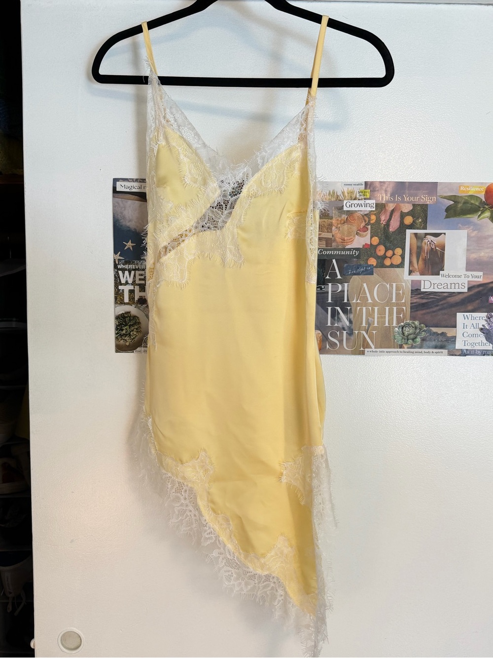 Boohoo Pale Yellow Lace-Trim Asymmetric Slip Dress